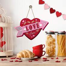 1pc Valentine's Day Wooden Plaque, Red & Pink Heart Arrow "I Love You" Wooden Pendant, Outdoor Porch Home Decor, Suitable For Romantic Anniversary Wedding Wooden Wreath Indoor Wall Decor - Multicolor - View 2