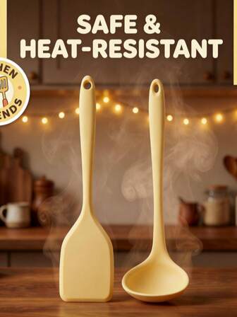 Yellow Silicone Spatula/Spoon/Two Pieces Set, Scratch-Resistant, Wear-Resistant And Heat-Resistant, Suitable For Kitchen Cooking And Outdoor Camping. Silicone Is Easy To Clean And Is A Practical Cooking Tool For The Kitchen.