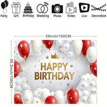1pc Red, White, And Gold Balloon Happy Birthday Backdrop Banner Star And Crown Pattern Design With Ribbon Suitable For Birthday Parties, Cake Smashing Backgrounds, Photography Props Vinyl Material