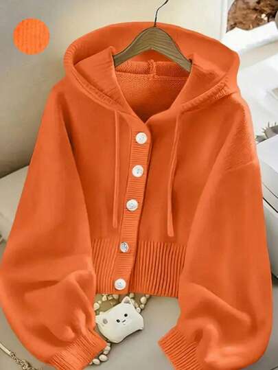 Plus Size Women Drawstring Hooded Single-Breasted Casual Versatile Long Sleeve Cardigan, Suitable For Autumn/Winter Outings