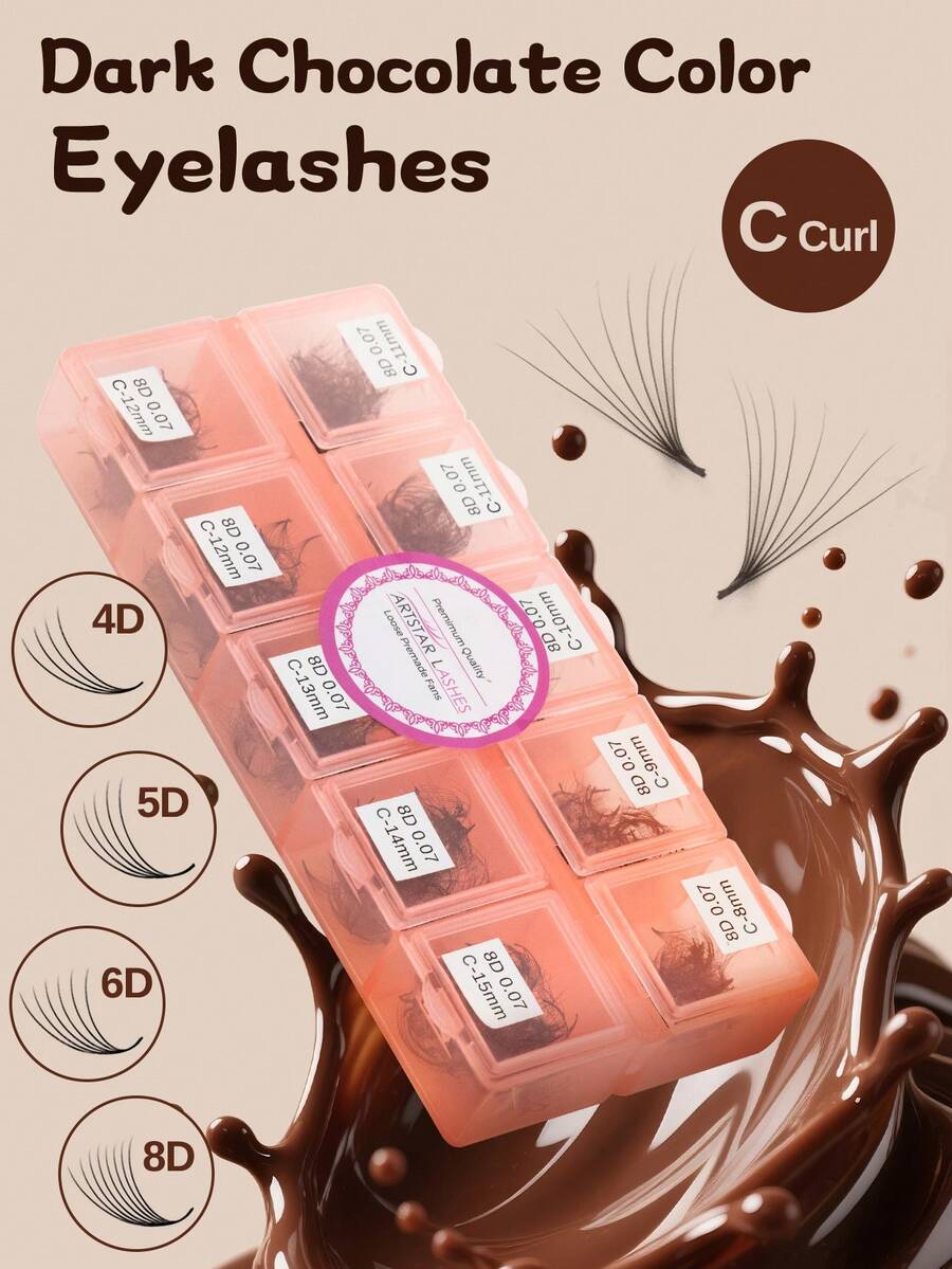 ARTSTAR 1000 Fans C Crul Loose Brown Fan Lashes Eyelash Extensions 4D-10D Pointy Base Premade Medium Stem Sharp Thin Russian VolumeLash - C - Xem 1