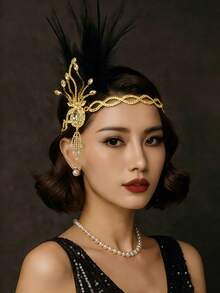 1 Peça Tiara de Penas Retrô dos Anos 1920, Adequada para Garotas Flapper, Noivas e Outras Ocasiões, Também Pode Ser Usada como Cocar de Penas, Acessório de Cabelo, Corrente de Cabelo ou Decoração de Cabelo, Acessórios de Cabelo para Mulheres - Dourado - Visão 1
