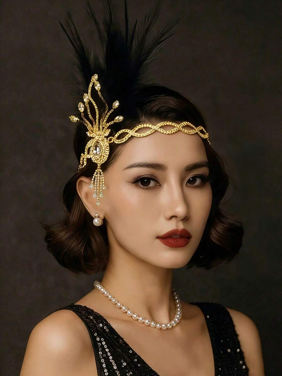 1 Peça Tiara de Penas Retrô dos Anos 1920, Adequada para Garotas Flapper, Noivas e Outras Ocasiões, Também Pode Ser Usada como Cocar de Penas, Acessório de Cabelo, Corrente de Cabelo ou Decoração de Cabelo, Acessórios de Cabelo para Mulheres - Dourado - Visão 1
