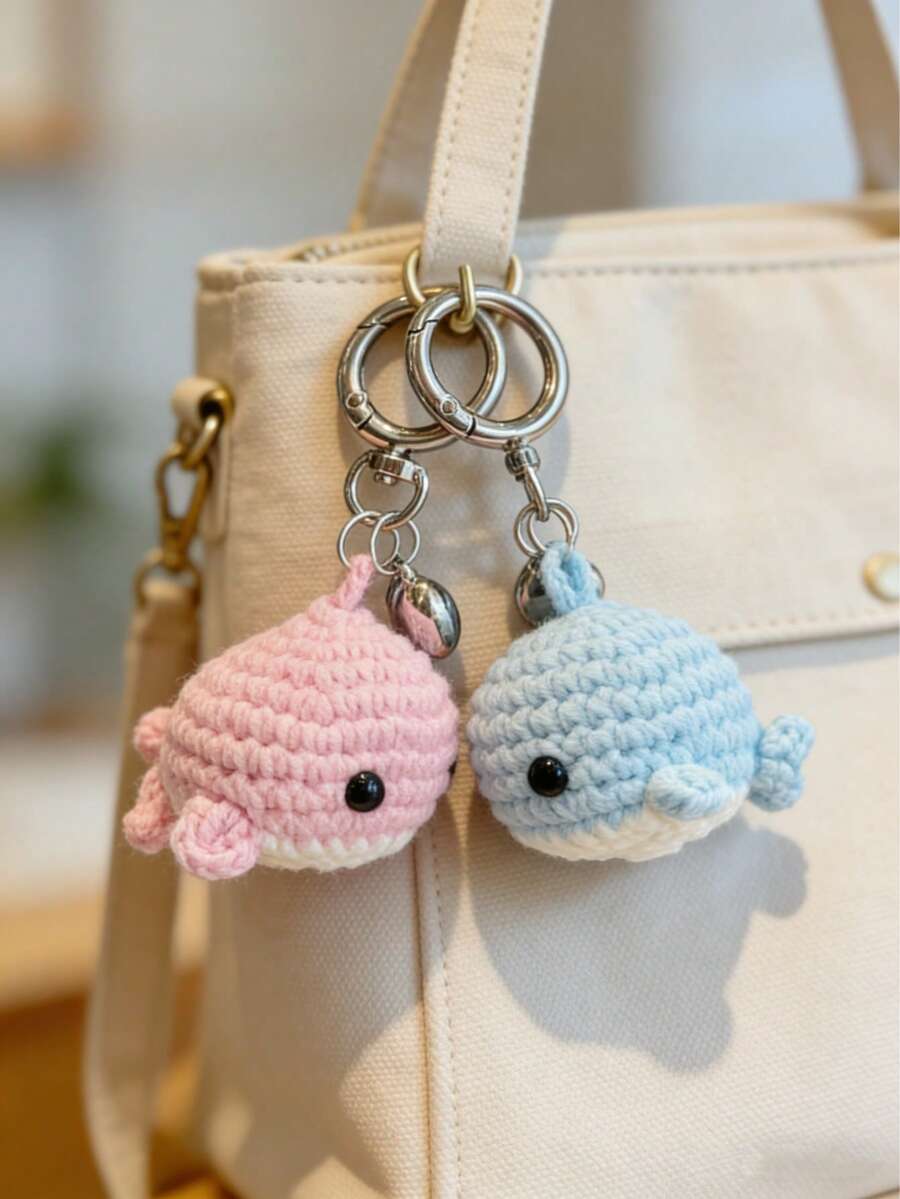 Handmade Crochet Mini Whale Couple Keychain Cute Cartoon Couple Bag Pendant Creative Ornament Valentine's Day Gift Suitable For Ages 14+ Bag Charm Purse Charm Keyring - Multicolor - View 1
