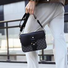 1件格子图案黑棕色搭扣装饰PU防水耐用男士单肩斜挎包，欧美时尚商务休闲小背包 - 彩色 - 查看 8