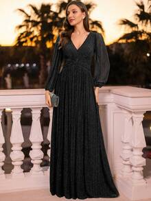 春季深V领长灯笼袖亮面弹力面料黑色正式晚礼服，优雅大方，适合婚礼宾客、节日、生日派对、晚宴、新年及其他场合。 - 黑色 - 查看 10