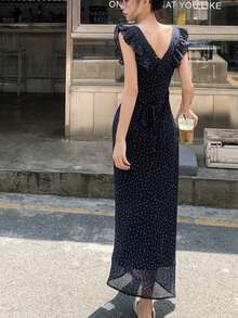 [Y6Y] Elegant Casual Polka Dot Chiffon A-Line Maxi Dress, Ruffle Short Sleeve, Square Neck Flared Hem Dress