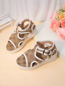 儿童字母图案布艺凉鞋一双 | 透气露趾踝带平底凉鞋 | 复古设计师款 | 夏季日常/海滩/休闲穿着 - 棕色 - 查看 8