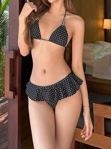 Women Polka Dot Bikini Set Halter Triangle Top With Ruffle Skirt Bottom Two Piece Swimsuit For Summer Beach - Black - View 2