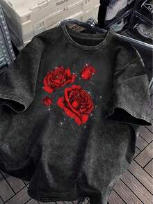 Damen Sommer Kurzarm T-Shirt, dekoriert mit roter Rosen Grafik, verwaschen schwarz, dunkel romantischer Stil, Oversize Retro T-Shirt. - Schwarz - Übersicht 2