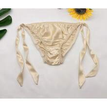 Women Silk Panties Lightweight Briefs Smooth Breathable Satin Bikini,Sexyys Tie-Side Underwear Daily Fit Comfort,Beige - 米色 - 查看 6