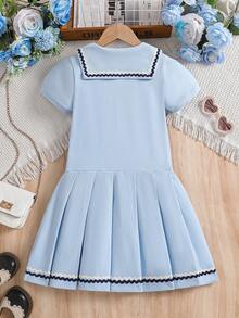 Girls' Summer Short Sleeve Collared Dress, School Style - Baby Blue - View 2