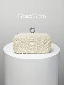 女士优雅/珍珠图案设计盒形手拿包，晚宴包，浪漫婚礼手提包，迷人/精致晚礼服包，闪亮白色盒形钱包，配有金属链，是节日礼物的理想之选。 - 白色 - 查看 8