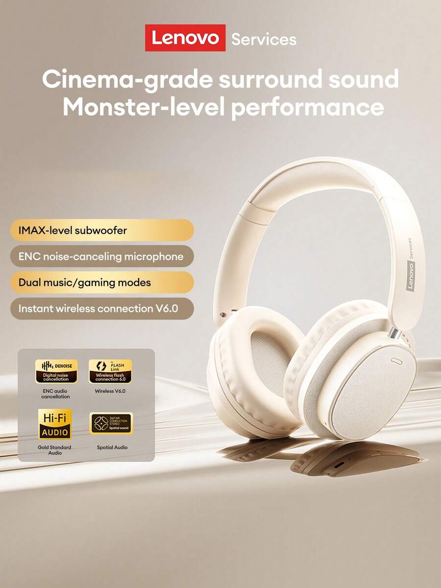 Lenovo LS105 Wireless Bluetooth 6.0 Headphones With ENC High-Definition Calls, Noise Cancellation, Gaming, Music, Sports, Comfortable Ear Cushions, Long Battery Life, Compatible With Smartphones And Computers, Ideal Gift - 米色 - 查看 1