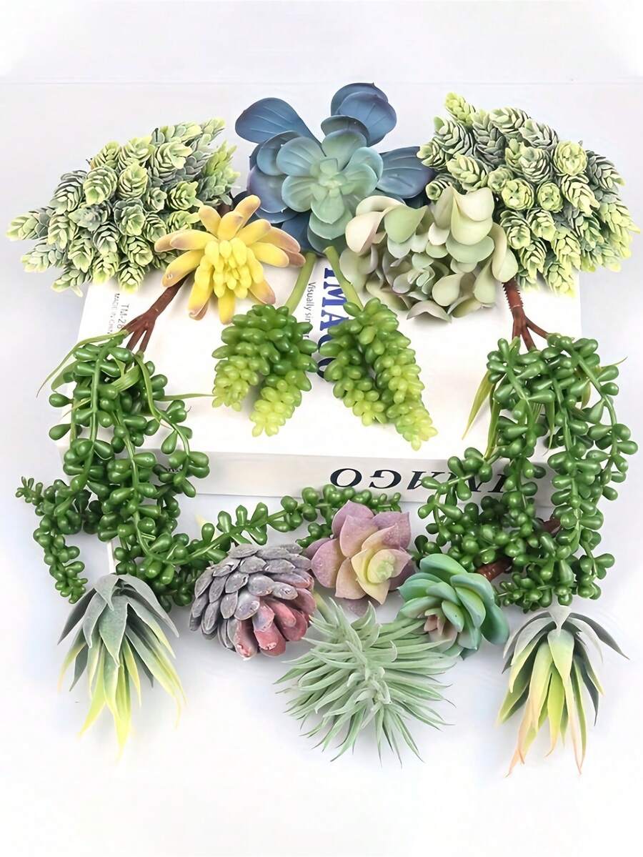 6pcs Artificial Succulent Plants Set, Fake Succulent Micro Landscape, Retro Potted Plants Decor, Artificial Succulent Potted Plants, Rectangular Wooden Planter, Desktop Ornament, Window Sill Greenery Decor - Multicolor - View 1