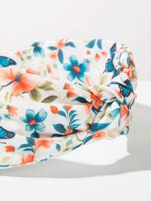 1pc Printed Fabric Boho Style Headband, Knotted Wide Brim Butterfly Flower Pattern Fabric Headband, Elegant & Fashionable, Suitable For Daily Wear - Orange - View 3