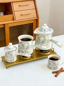 1 Set Cafetera y Gotero de Café de Estilo Nórdico en Gris Esmalte - Tetera/Olla de Agua/Olla de Leche/Tetera de Té de Frutas Multifuncional para Todas las Estaciones, Apta para Calentamiento Directo en la Estufa, Regalo Ideal para Amigos y Familia - Flores de fondo blanco - Ver 4