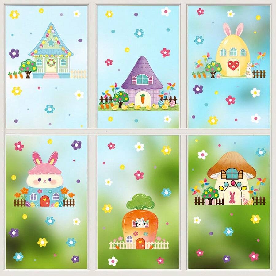 1 Set Of 6 Cute House Window Stickers For Spring Easter, Removable DIY Decals For Bedroom, Living Room, Home, And Window Decoration - Multicolor - View 1
