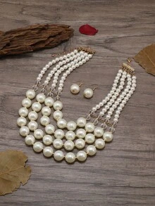 Exaggerated Multi-Layer Catkin Handmade Beaded Faux Pearl Necklace, Retro Casual Sweater Chain, Earrings