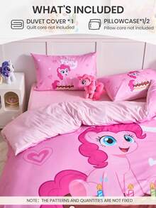 MY LITTLE PONY 2/3件套小马宝莉床上用品套装，可爱卡通图案，透气柔软，抗起球，家用纺织品，房间装饰，包含1个被套和1/2个枕套（不含被芯），适用于单人床/双人床/大号床/特大号床，四季皆宜，可机洗，精美礼品，粉色 - 彩色 - 查看 2