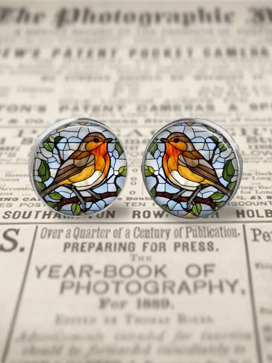 suteyi Stained Glass Robin Pattern Cufflinks, Silver Cufflinks, Suit Shirt Accessories, Wedding Jewelry - Silver - View 1