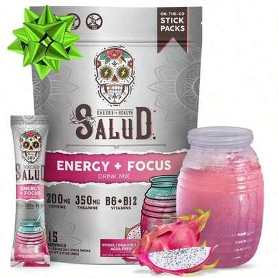 Salud 2-In-1 Energy Drink Powder + Focus – Piña Mango Flavor – Agua Fresca Mix With 200mg Organic Caffeine, 350mg L-Theanine, Vitamins B6 & B12, Non-GMO, Gluten Free, 15 Servings - Dietary, Healthcare