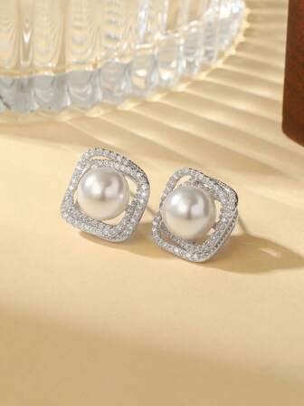 1 Pair Elegant Cubic Zirconia & Pearl Stud Earrings, Women's Wedding Party Jewelry, Compliant Copper Material Non-Allergic Non-Fading, Suitable As Gift For Lover Or Mother On Holidays