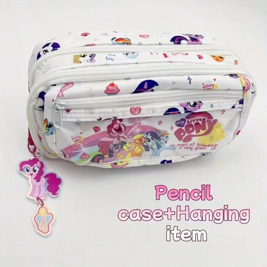 MY LITTLE PONY 2件/套 小马宝莉双层铅笔盒及萍琪派钥匙扣 - 大容量耐用帆布收纳袋，适合上学、旅行和化妆，是返校、生日、万圣节和圣诞节送给小马宝莉粉丝的完美礼物 - 彩色 - 查看 1