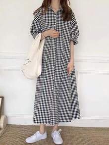 Vestido largo de mujer Vestido camisero de cuadros para mujer, de verano, manga corta, de algodón y lino, extralargo, por encima de la rodilla, holgado y con estilo - Negro - Ver 1