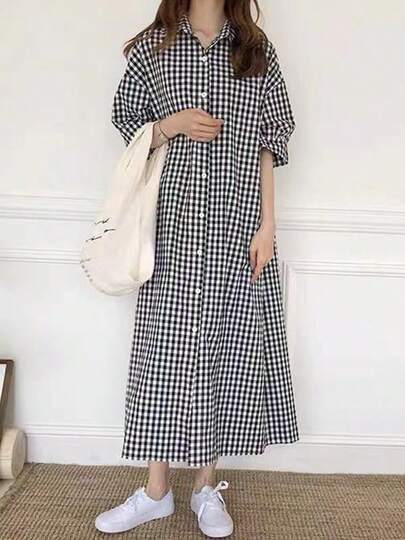 Vestido largo de mujer Vestido camisero de cuadros para mujer, de verano, manga corta, de algodón y lino, extralargo, por encima de la rodilla, holgado y con estilo