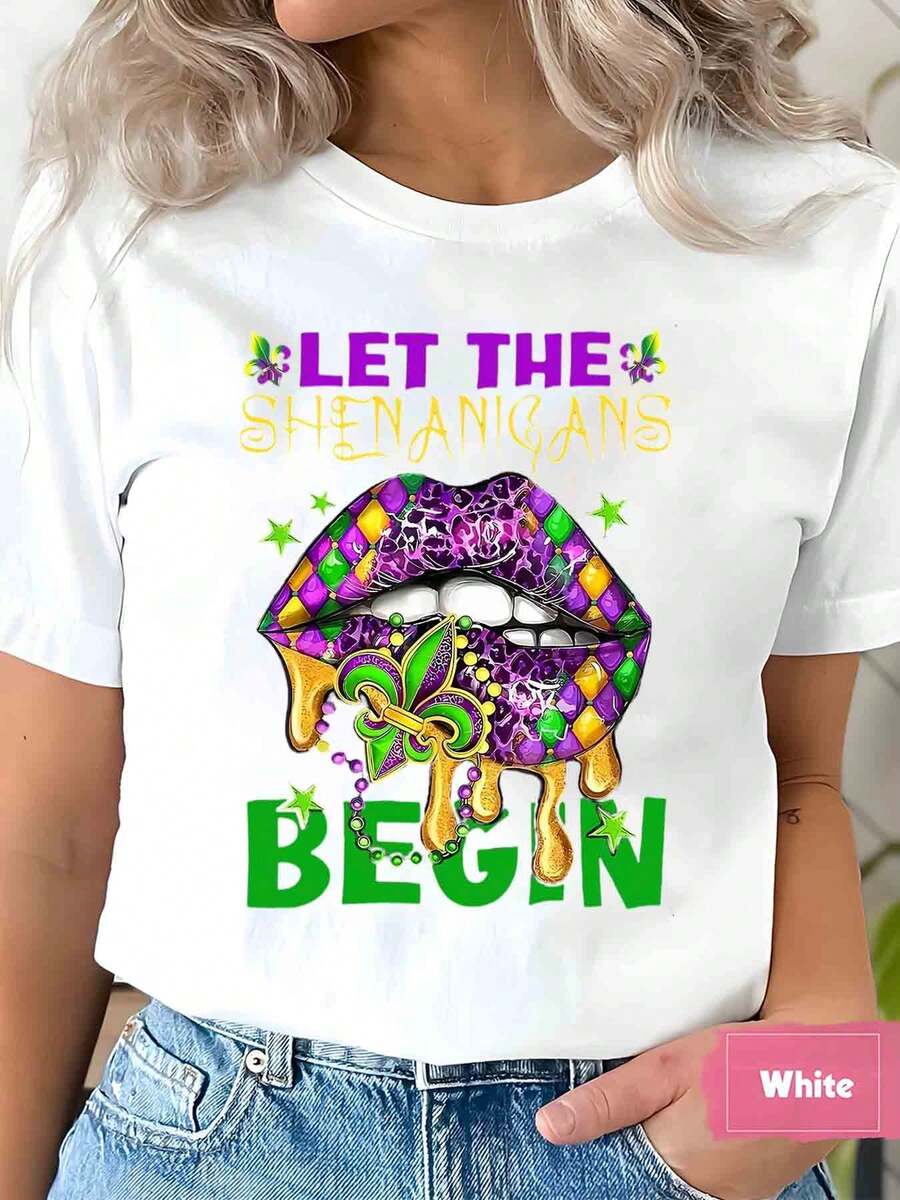 Women T Shirt Let The Shenanigans Begin Mardi Gras Lips And Fleur De Lis Print Round Neck Mardi Gras Short Sleeve Casual Top 220g - 白色 - 查看 1