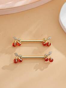 2 piezas de anillos de pezón de acero inoxidable con zirconia de cobre en forma de cereza, joyería sexy para perforación adecuada para uso diario - Multicolor - Ver 3