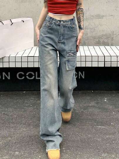 Women's Casual Loose Cargo Denim Pants