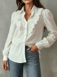 女士荷叶边领口和袖口衬衫，复古风格设计，优雅时尚，适合日常穿着和聚会场合。 - 白色 - 查看 3
