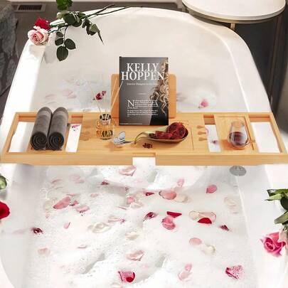 Extendable Bamboo Bathtub Caddy - Multifunctional Non-Slip Bath Tray With Multiple Compartments, Fits Most Bathtub Sizes, Organizes Books, Drinks, Towels, Snacks & Bath Essentials For A Comfortable Relaxation Experience
