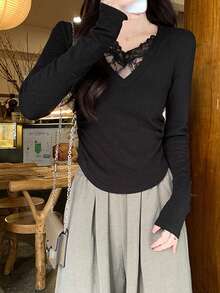 性感蕾丝V领拉绒褶皱腰部修身打底衫，女士冬季款 - 黑色 - 查看 2