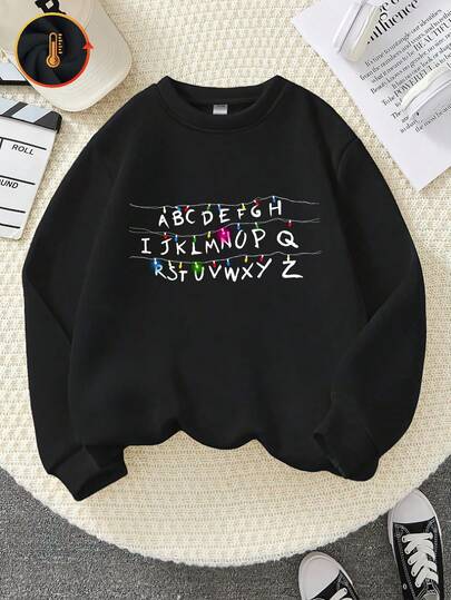 Varias tiras luminosas muestran patrones impresos de todas las letras del alfabeto. Sudadera oversize informal Curve, versátil para otoño/invierno, tejido grueso, cálido forro polar, cuello redondo, sudadera informal holgada, prenda exterior versátil, estilo urbano/preppy, manga larga, adecuada para clima frío, mezcla de algodón, forro polar, cómoda, manga larga, para niños.