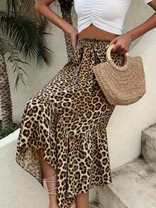 女士波西米亚风休闲不对称豹纹中长裙，荷叶边裙摆，系带腰身，适合度假夏季穿着 - 咖啡色 - 查看 3