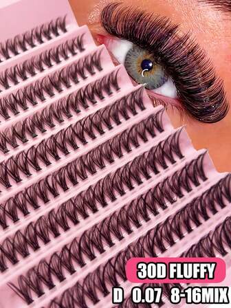 30D Soft & Curly Natural Eyelash Extensions, 8-16mm Mixed 0.07mm D Curl, 10 Trays 200 Clusters, Waterproof Mink Lashes, 3D Effect, Suitable For Light, Full Makeup, Daily Wear, Portable For Daily Use Or Occasions