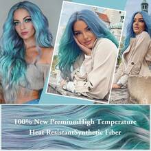 Tóc giả dài gợn sóng dành cho nữ - 28 inch, màu ombre xanh ngọc, xám, xanh lá cây - Kiểu sóng nhẹ, sợi chịu nhiệt cao - Màu xanh ombre - Xem 7