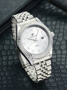 RICECGO 1pc Men's Classic Quartz Steel Strap Wristwatch With Calendar Display, Suitable For Daily Wear, Business Occasions, High-End Exquisite Gift