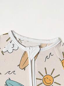 Baby Bamboo Fiber Zip-Up, Sun Coconut Trees Skateboarding Vacation Short Sleeve Romper, Summer Knit Fabric Skinny Fit With Zipper Detail, Boy Baby Girl Clothes, Perfect For Outdoor - 米色 - 查看 3