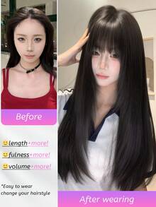 SHUDUO 1 Piece Synthetic Heat-Resistant Straight Hair Wig Black Brown, Made From Fibers For Daily Use, Natural And Realistic Wig (Accessories Not Included) - Dark Brown - View 5