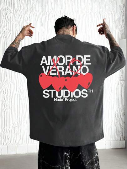 Fractyr Fractyr Camiseta de manga corta de cuello redondo con estampado de corazón, cereza y elemento inglés, de moda sencilla y creativa para hombre en verano | Camiseta básica de calle casual, regalo para novio