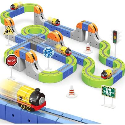 Track Car Toys 126PCS For Kids, Flexible & Durable Race Track Set With Electric Train And Traffic Signs, Durable Structure, DIY Assembly, Kids Train Set Toys For 3-8 Year Old Boys Girls