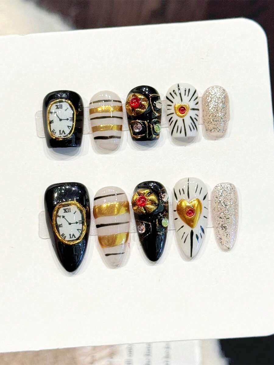 10 móng tay giả acrylic thủ công phong cách retro ngọt ngào, đen trắng với hình trái tim vàng và đá đính, móng giả dài nhọn, móng hình đồng hồ nhịp tim, dụng cụ làm móng DIY, có thể tái sử dụng, kèm keo dán và dũa móng, thích hợp sử dụng hàng ngày, làm móng nghệ thuật ngày Valentine, lễ hội âm nhạc Y2K. - Nhiều màu - Xem 1