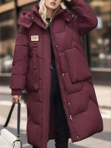 Women Solid Color Hooded Long Sleeve With Pockets Mid-Length Thick Jacket - Màu Đỏ Sâu - Xem 3