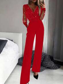 Bộ jumpsuit lưới đính sequin đen gợi cảm dành cho nữ, cổ chữ V sâu, kiểu dáng thanh lịch mùa xuân. - Đỏ - Xem 7