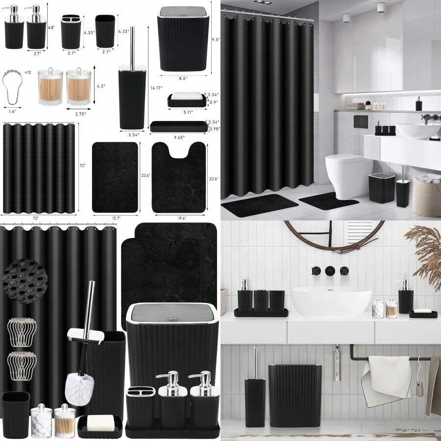 Bathroom Accories Set - 25PC Black Bathroom Set Bathroom Set With Shower Curtain And Rugs Black Shower Curtain Set Bathroom Rugs - ĐenBạc - Xem 1