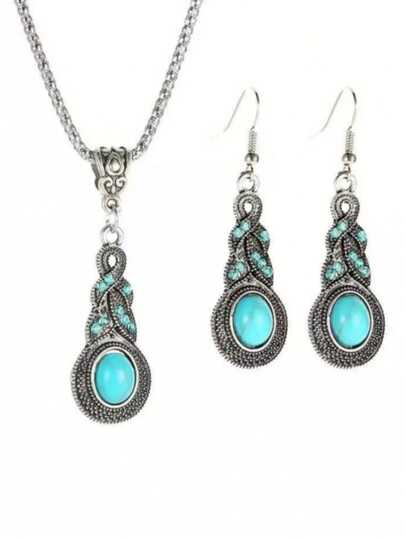 3pcs Necklace Earrings Set For Men And Women Vintage Style Blue Crystal Inlaid Turquoise Pendant With Lantern Chain Jewelry